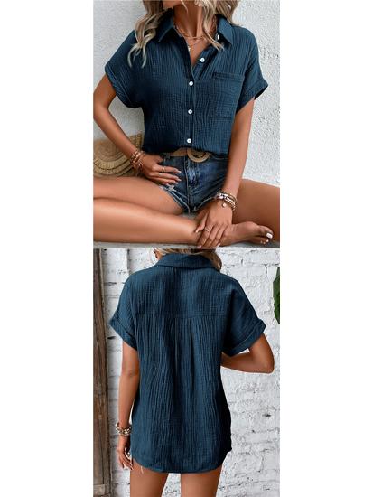 European American Women's Cotton Shirt - 2026 Summer Collection: Solid Color Casual Button-Up