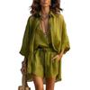 European and American cross-border foreign trade summer lapel breasted nine-point sleeve cardigan deep V-neck vest shorts casual three-piece set women