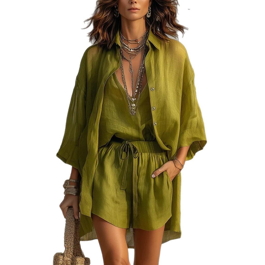 European and American cross-border foreign trade summer lapel breasted nine-point sleeve cardigan deep V-neck vest shorts casual three-piece set women