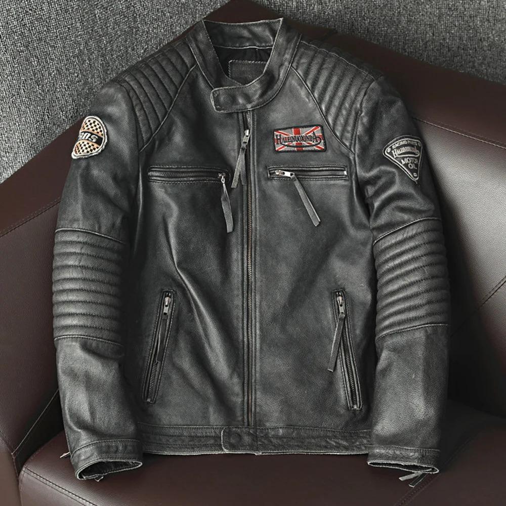 Fashion Biker Jackets Vintage Men's Genuine Leather Jacket Slim 100% Natural Cowhide Coat Real Leather Motorcycle Biker Clothing