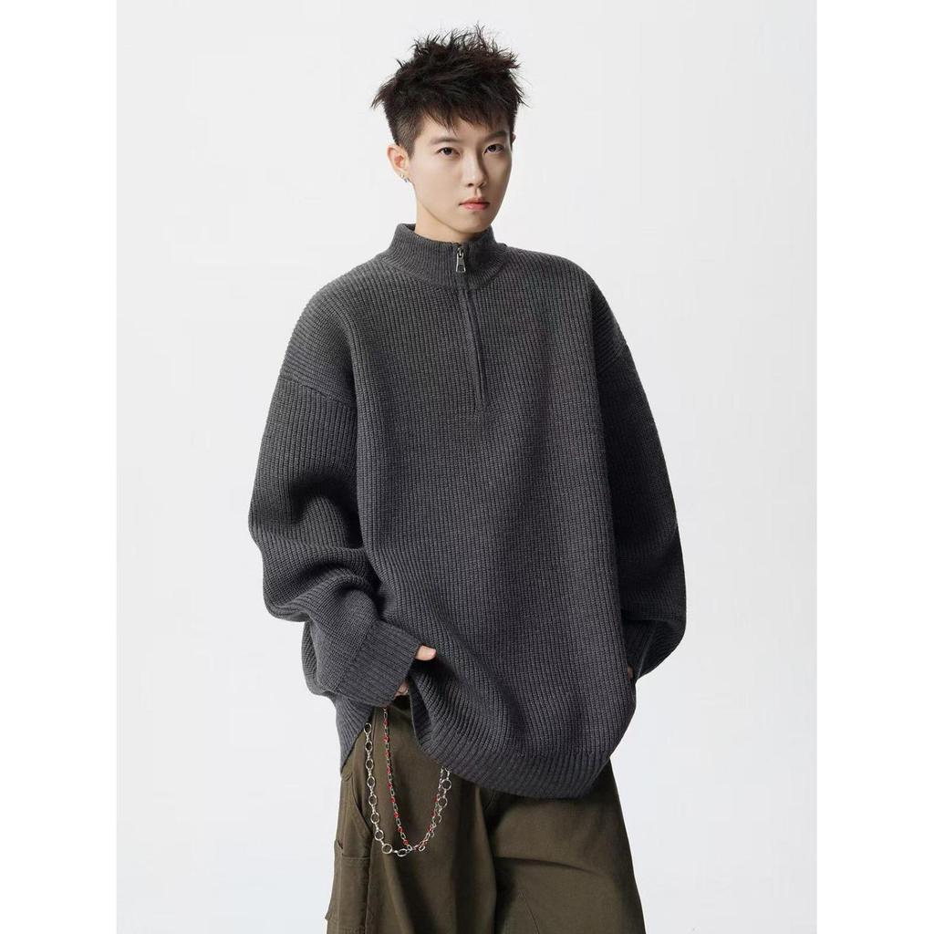 Men's High-Neck Half-Zip Loose Knit Sweater - Retro Style, Solid Color, Versatile for Autumn/Winter.