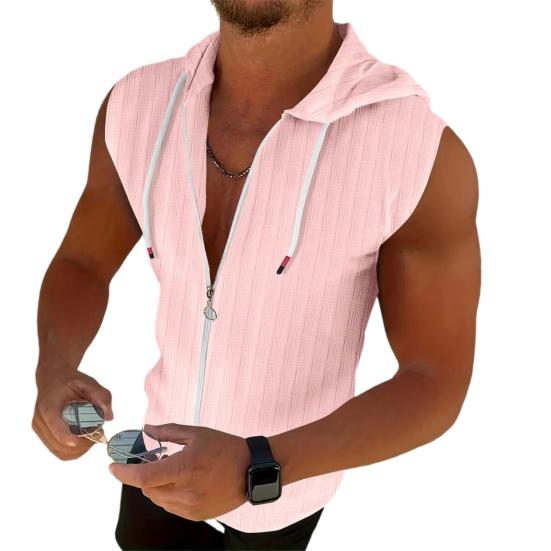 Men Hooded Zip-up T-Shirt Jacquard Sleeveless Hoodie Tee Stylish Textured Summer Tank Top for Gym Street Party Holiday S розовый