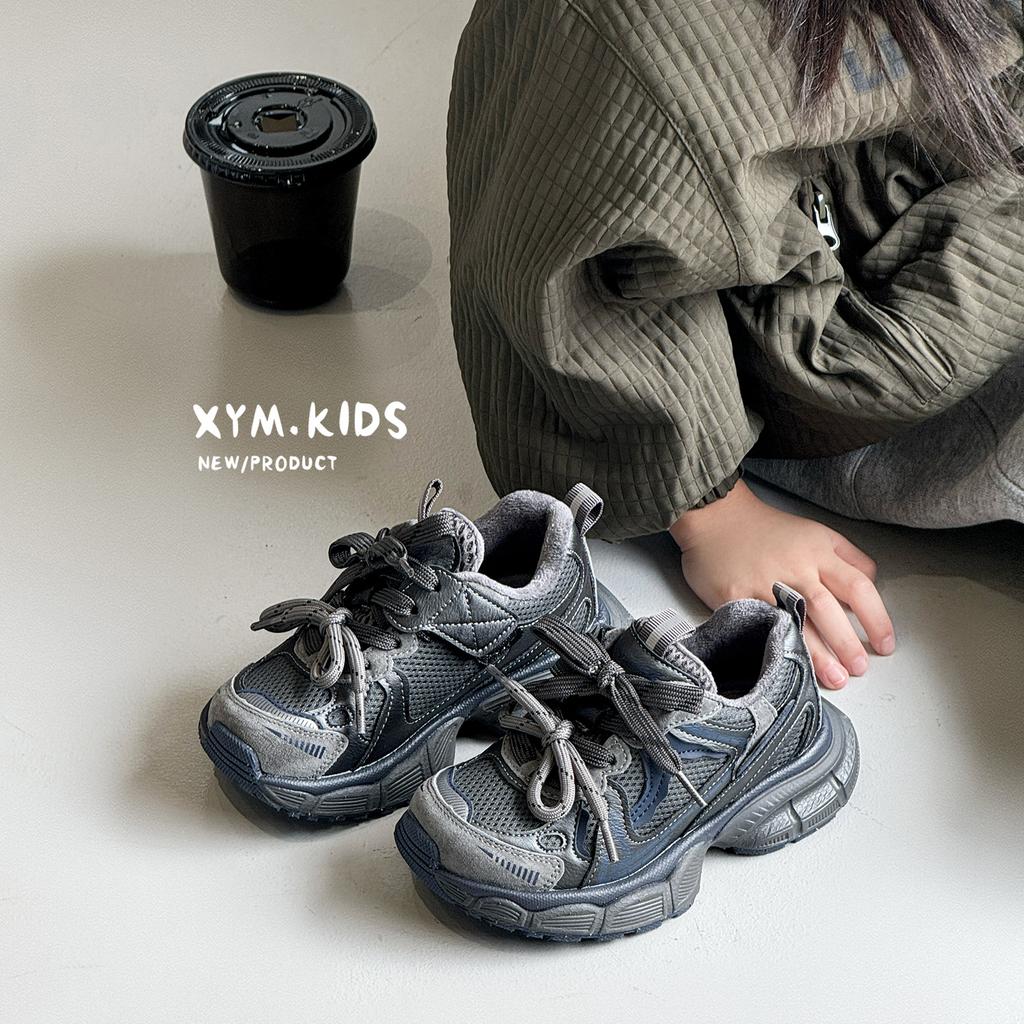 2025 winter new children's sports shoes two cotton shoes fashionable retro double lace-up velvet boys and girls dad shoes