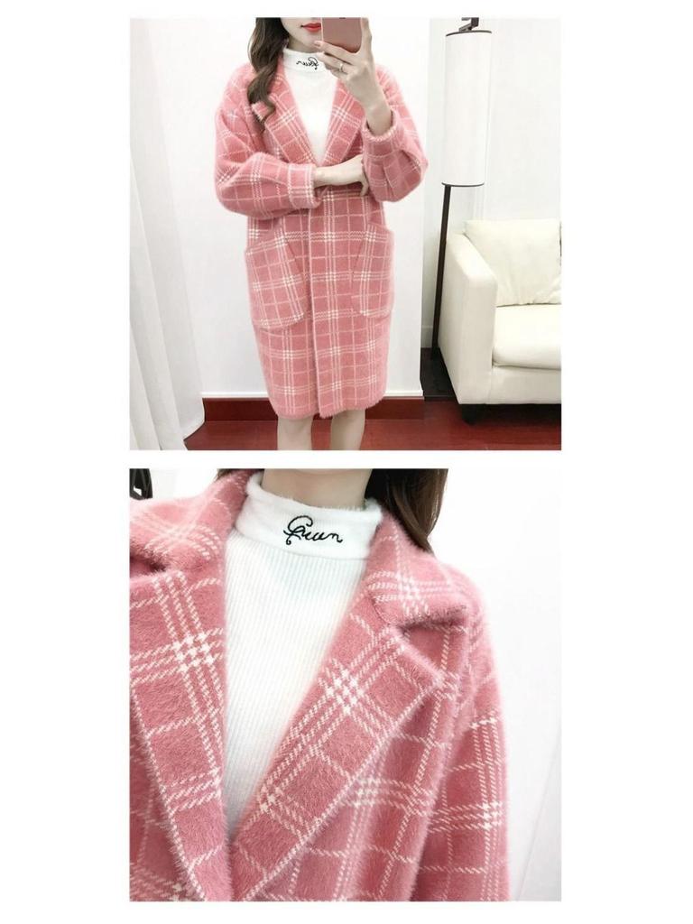 Korean Style Plaid Mid-Length Knit Jacket - Loose Fit, Long Sleeve, Autumn/Winter Women's Fashion.