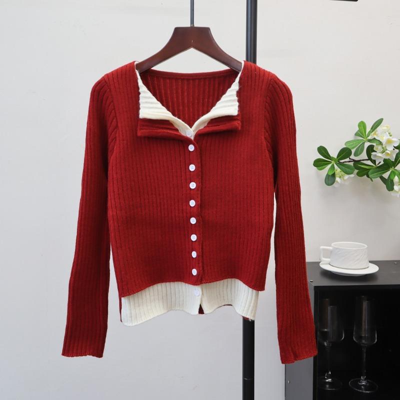 Contrasting color fake two-piece long-sleeved knitted cardigan autumn new slim-fitting and thin design bottoming top women