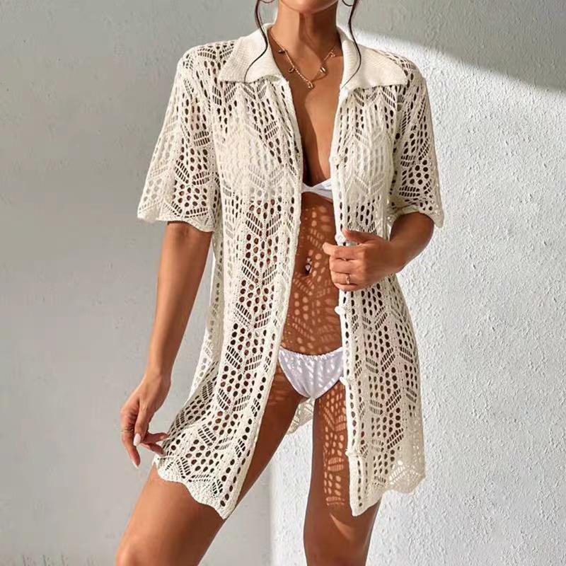 

2026 Summer Loose Beach Shirt Dress Short Sleeve Cover Up Fashion Women Sexy Hollow Out Knit Shirts Vacation See Through Solid Color Blouse Tops One size абрикосовий