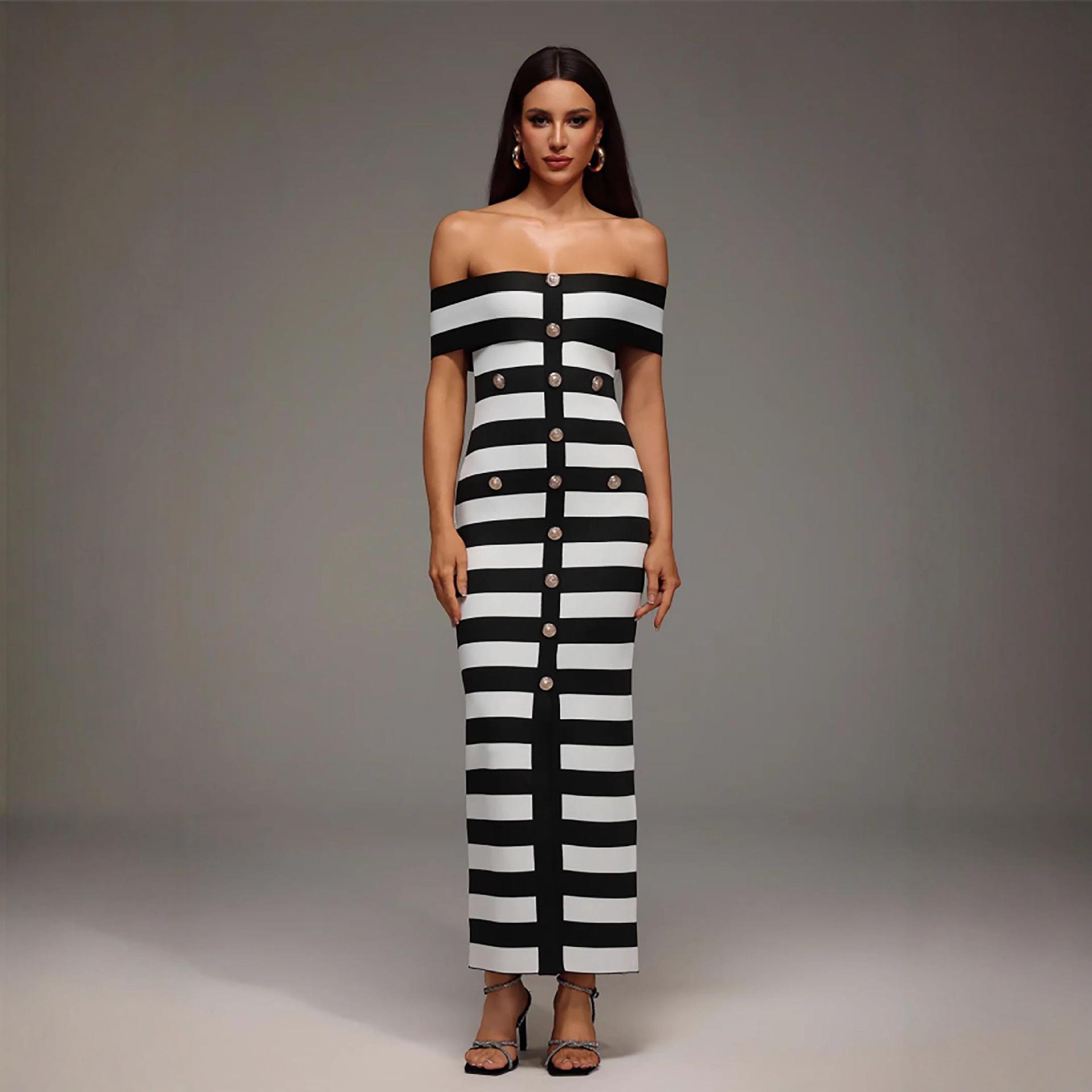 2025 Autumn European & American Style Striped Bandeau Bodycon Dress M чёрный