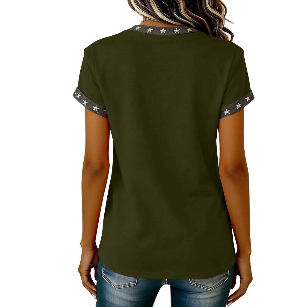 Damen Lässiger V-Ausschnitt Kurzarm Pullover Bedrucktes T-Shirt Top