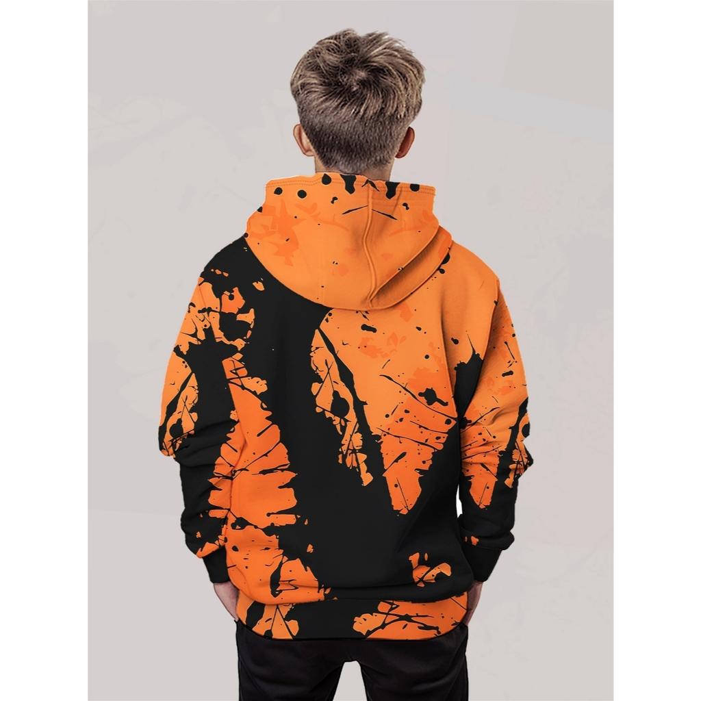 3D Digital Printing Street Trend Orange Black Splashed Ink Art Pattern Hooded Sweatshirt, Fashionable Casual Children's Clothing