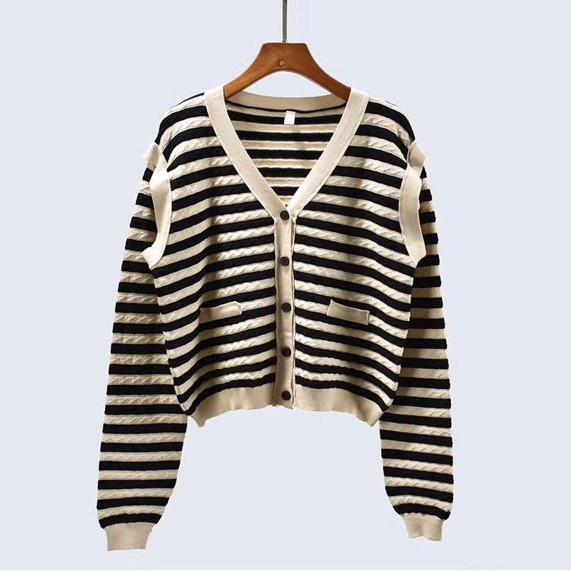 Same Style as Stars Design Sense Spring and Autumn Thick Knitted Stripes Drape Stitching Sleeves Cardigan V-neck Vest Vest Short