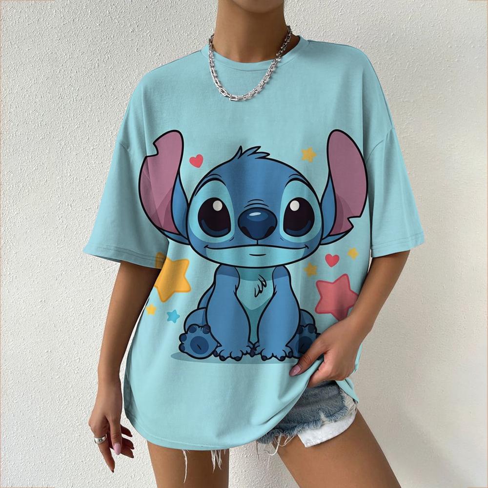 Kawaii Women's T-shirt Disney Lilo&Stitch Casual Y2k T-shirt Round Neck Short Sleeved T-shirt 2025 Summer Women's Clothing