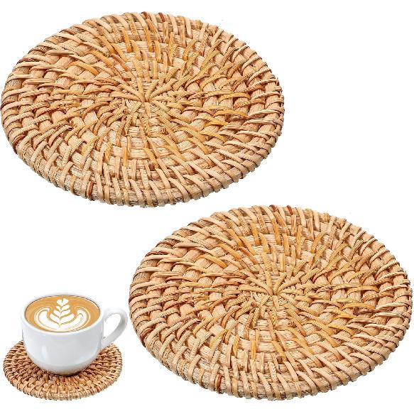 Coasters Set of 2 Woven, Coaster for Desk, Natural Rattan Woven Coasters, 3.94 Inch Round Boho Coaster for Drinks Coffee Table Hot Drinking Tabletop