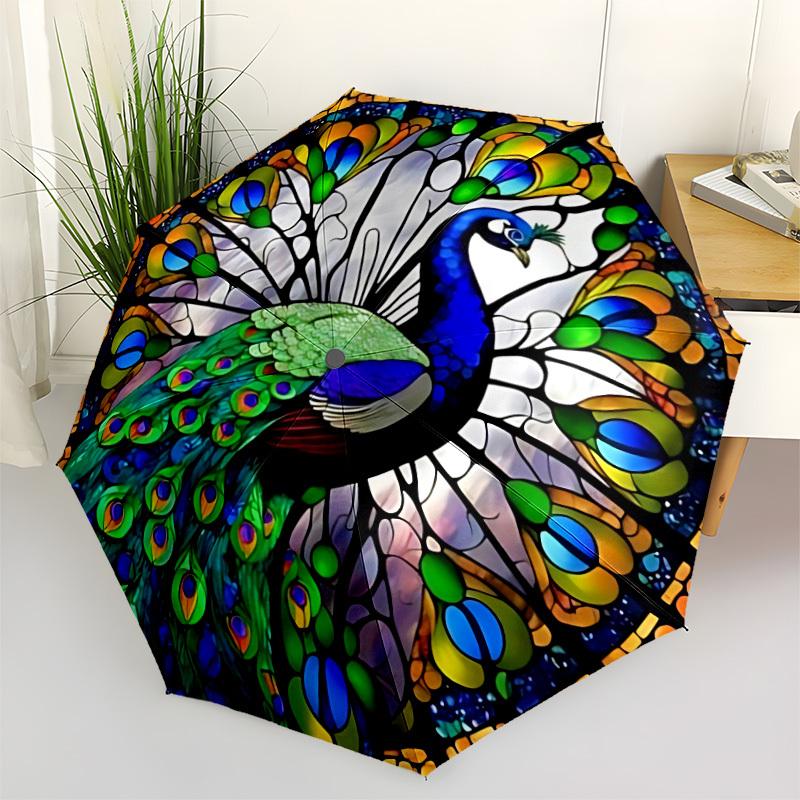 1pc Peacock Spreading Its Tail Pattern Automatic Folding Umbrella, Lightweight Retractable Compact Travel Umbrella, 8-Rib Sturdy Frame137