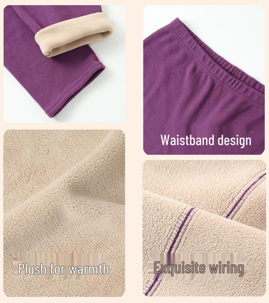 Women's Plus Size Fleece-Lined Lambswool Dralon Crew Neck Warm Underwear Set for Winter Cold Protection