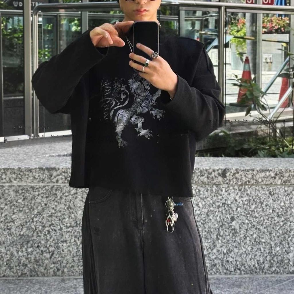 STREETRICH Y2K Vintage Punk Printed Crew Neck Sweatshirt Long Sleeve Pullover T Shirt Basic Layering Top Edgy Retro Outfit