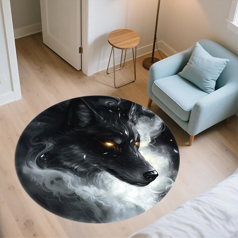 Black and White Wolf,Round Area Rug,Carpet Rug for Living Room Bedroom Sofa Playroom Decor,Non-slip Floor Mat