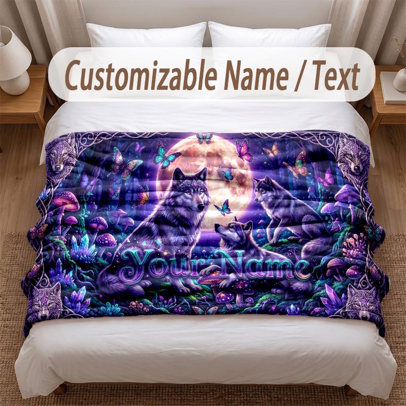Wolf Theme Soft Blanket Personalized Custom Name Text Print Warm Blanket Home Sofa Bedroom Decor