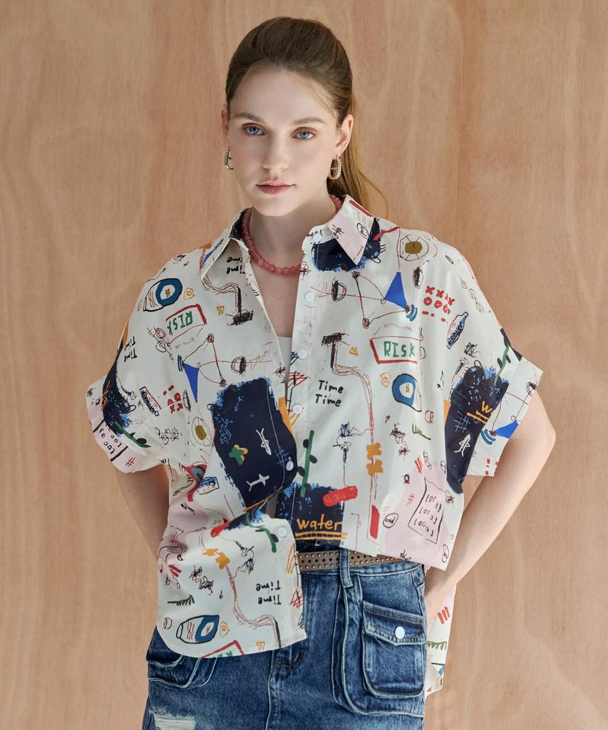 MAXZA Art Drawing Print Oversized Short Sleeve Shirt
