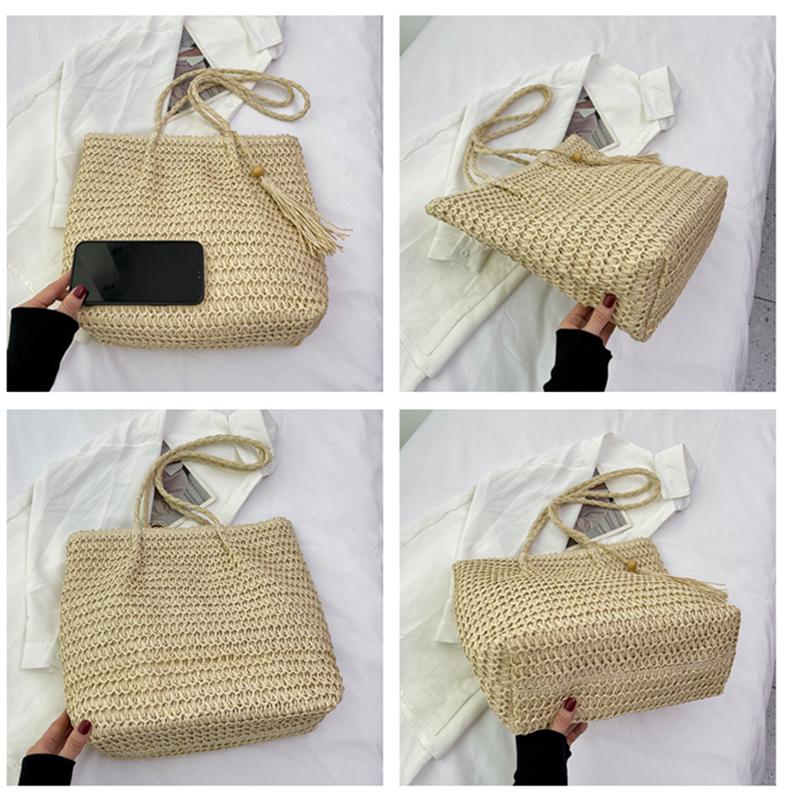 Yogodlns Women Hand Woven Tote Bag Solid Color Large Capacity Square Handbag Straw Shoulder Bag with Tassel Pendant