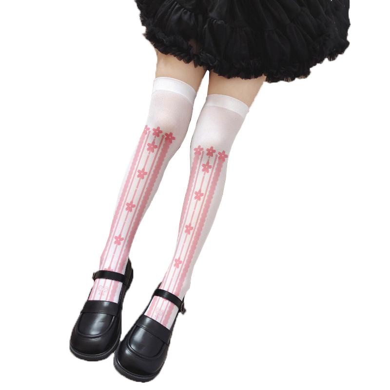 Calze rosa da principessa Lolita sopra il ginocchio con stampa fiocco d'amore calze da ragazza estive sottili per festa appuntamento cosplay
