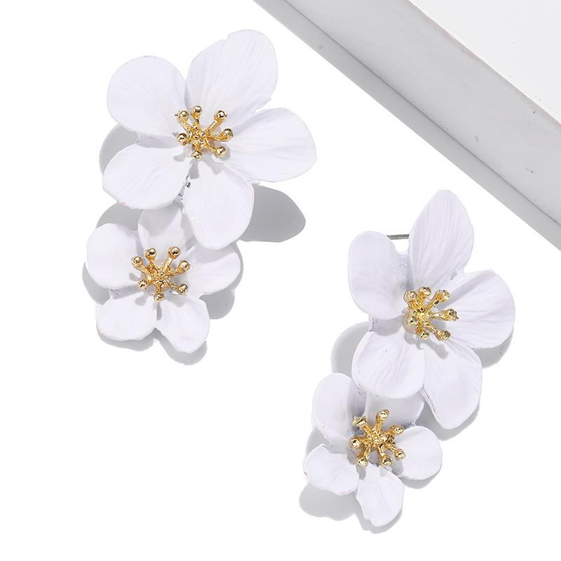 Double Flower Earrings Trendy Pink Flowers Studs Earrings For Women Wedding Party Jewelry Boho Metal Earrings Female