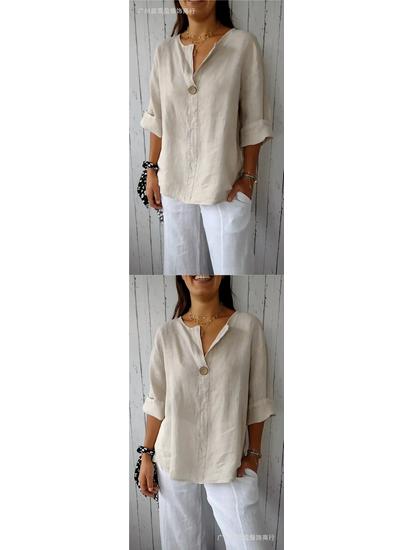 Europe & America Summer V-neck Women's Cotton Linen Button T-shirt