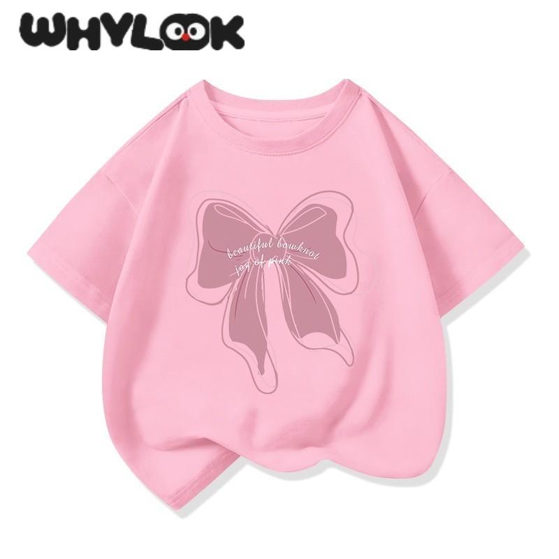 Одежда для девочек, футболки для девочек, детские банты премиум-класса, милые топы с принтом, короткий рукав 150