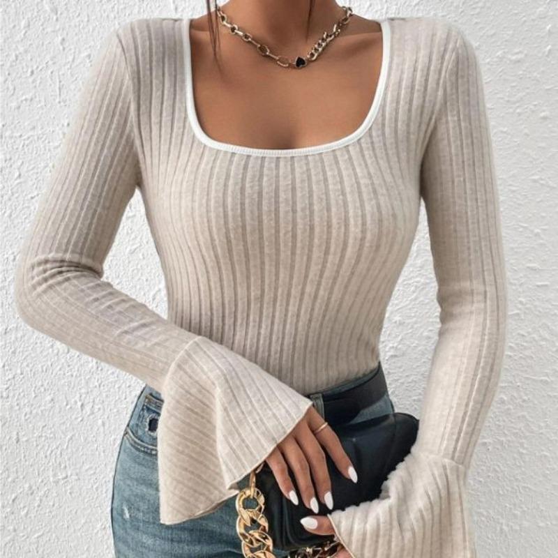 Autumn Square Collar Slim Fit Casual T Shirt for Women Fashion Vintage Flare Long Sleeve T-shirt Women Elegant Solid Winter Base Lady Tee Tops 25178