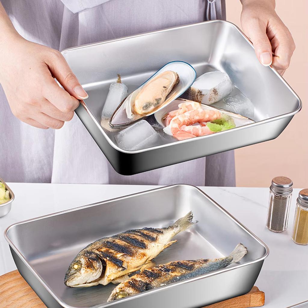 Plate Stainless Steel Food Container with Cover Thick Tray Large Capacity for Vegetables Fruits Fresh Meat Kitchen Organizer