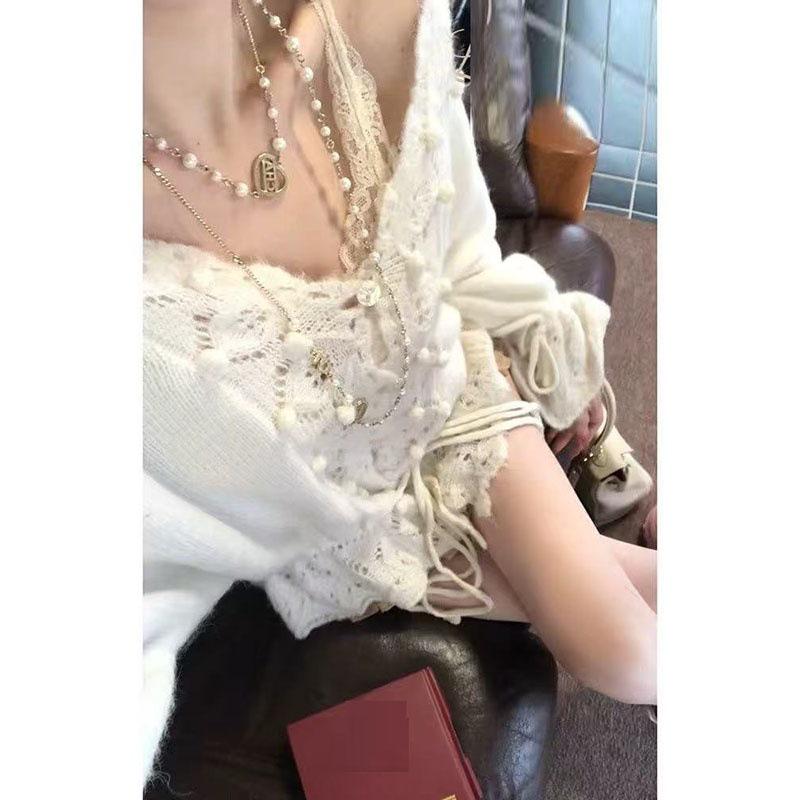 Korean Openwork Crochet Pompom V-Neck Knit Cardigan: Early Autumn Loose Drawstring Sweater