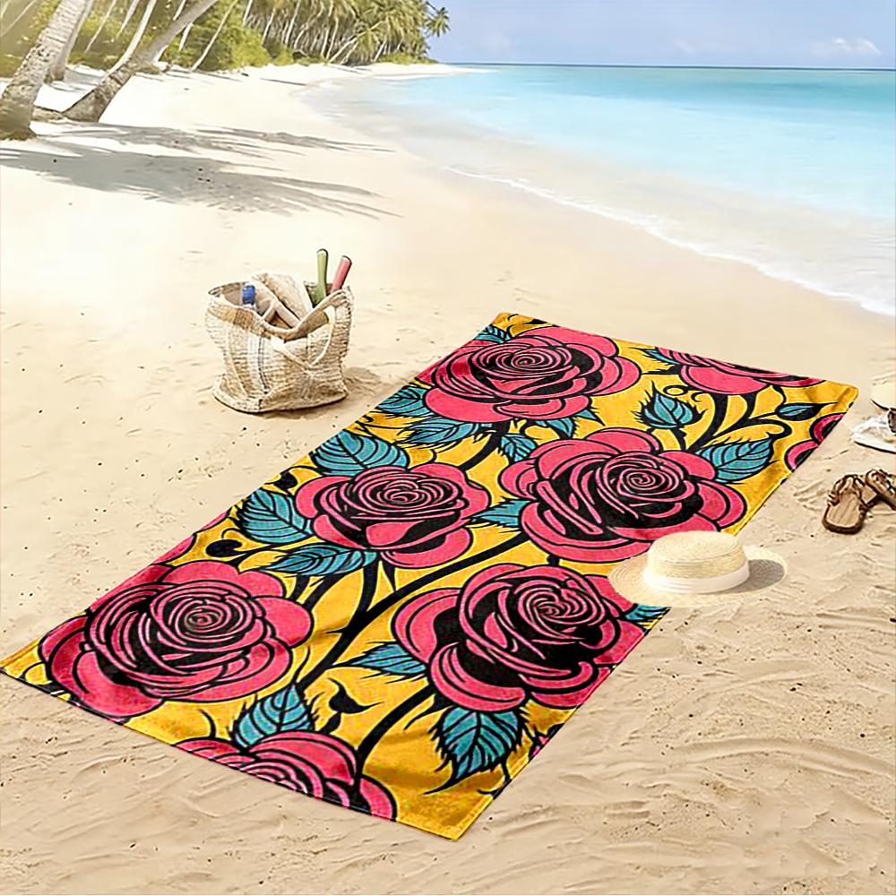 Red Roses Pattern with Yellow Background Beach Towel Quick-drying for Travel Outdoor Sports Jogging Beach and Swimming