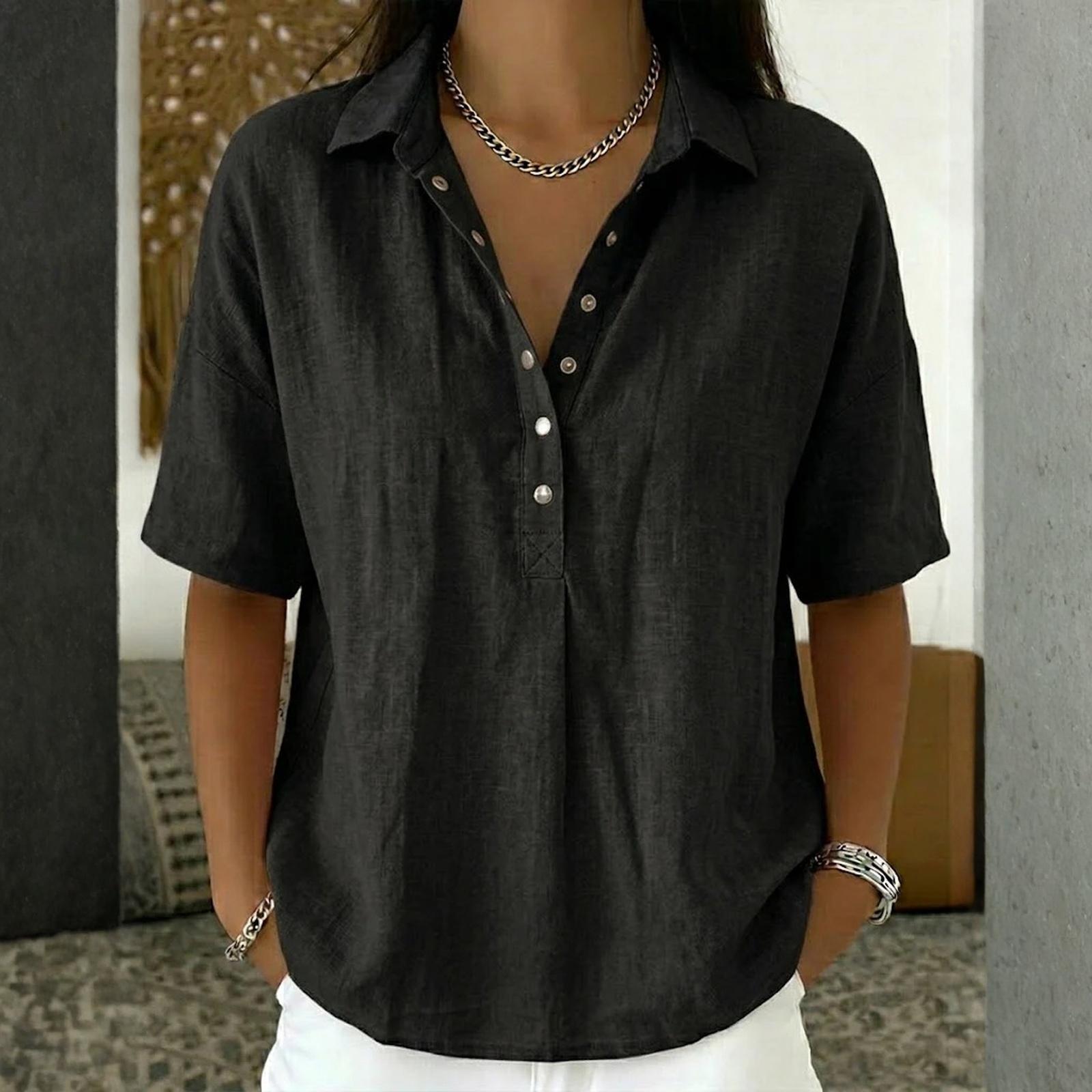 Women s Fashionable Loose-Fit Button-Down V-Neck Short-Sleeve Shirt Casual Top S