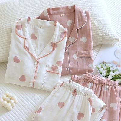 Women's Long Sleeve Cotton Pajamas - Heart Pattern, Double Layer Gauze, Sweet & Cozy Homewear Set for Spring/Autumn