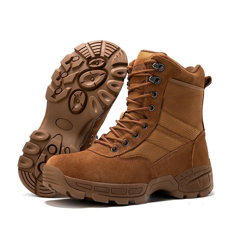 2025 brown combat boots, new desert training shoes, outdoor hiking boots, high-top first-layer cowhide defense