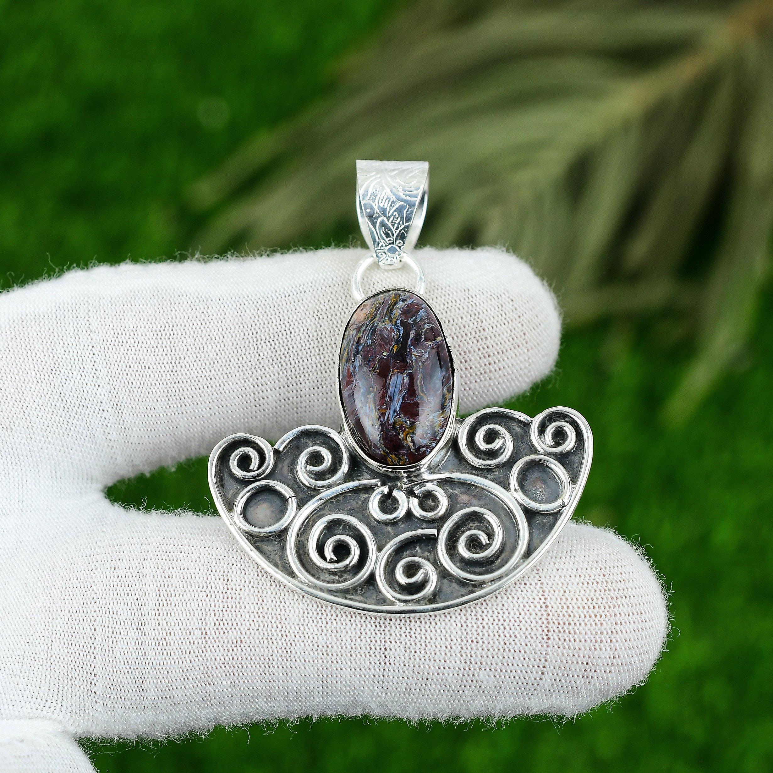 925 Sterling Silver Oval Pietersite Stone Elegant Mother Wedding Pendant Jewelry