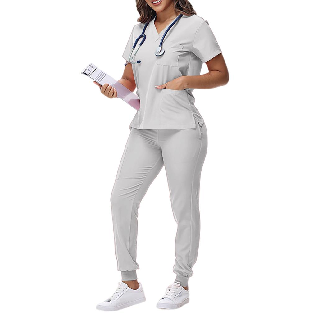 Women's Loose And Comfortable V-neck Short Sleeved Workwear With Tie Up Top And Waist Cinching Beauty Suit Set
