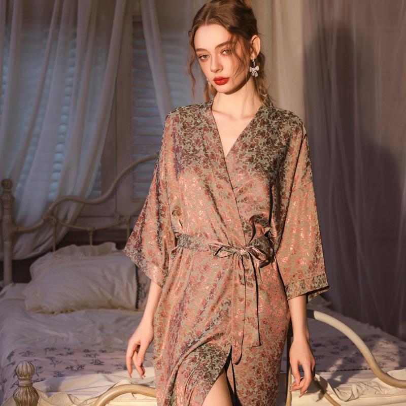 Women s Extra Long Silk Satin Pajamas & Yukata Bathrobe - Spring/Summer Japanese Style Women F (Inner)
