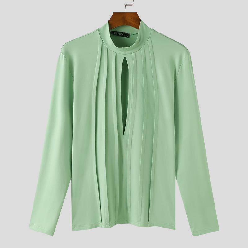 

INCERUN Мужские весенне-осенние топы с высоким воротом и складками, повседневные рубашки с длинным рукавом и вырезами 5XL зелёный