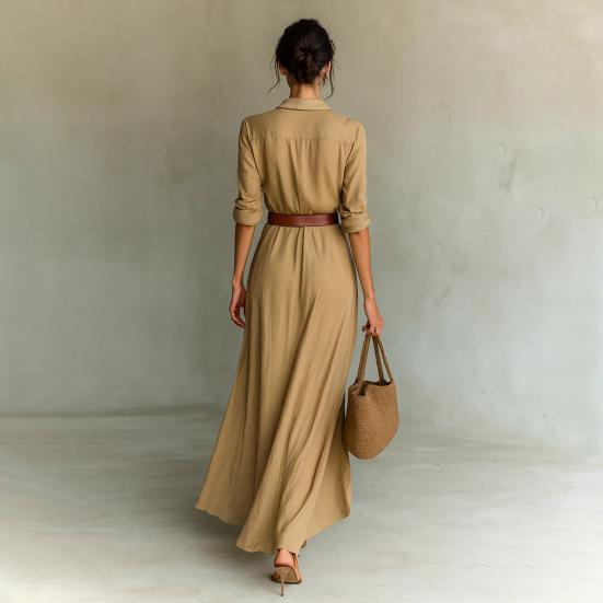 Robe chemise d'été pour femme à manches longues, col en V, boutonnée, ceinturée, longue, style bohème, froncée, tenues de vacances à la plage
