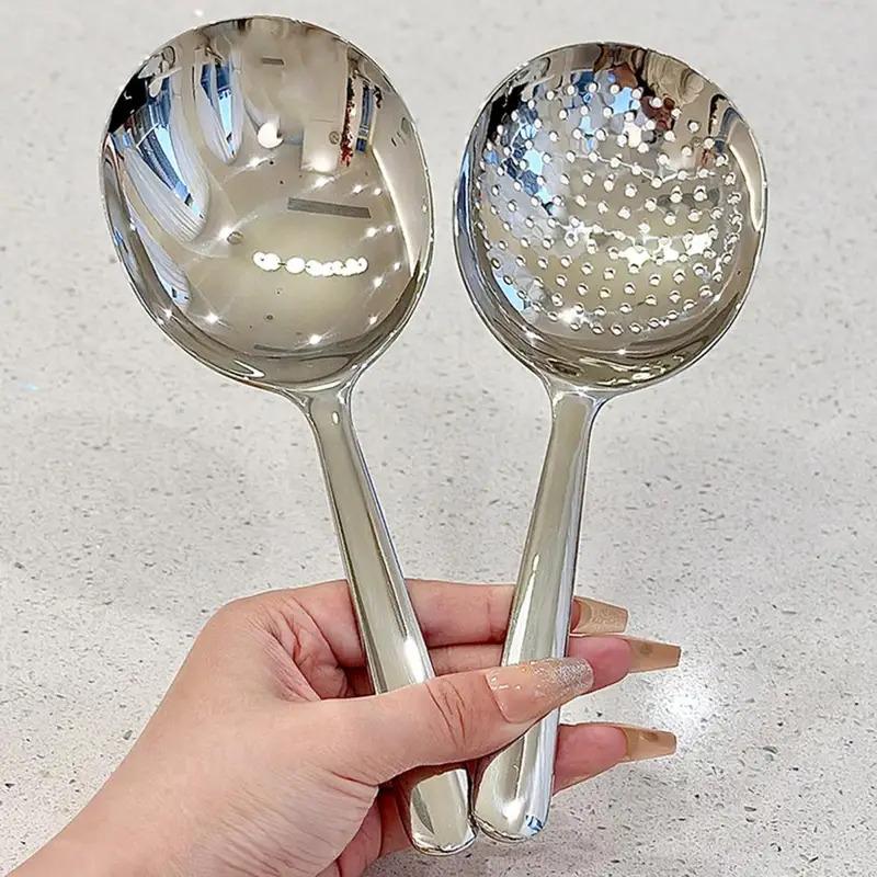 1Pc Stainless Steel Ladles For Serving Soup Rice Serving Spoon Drain Hole Heat Insulated Handle Kitchen Utensils For Daily Use