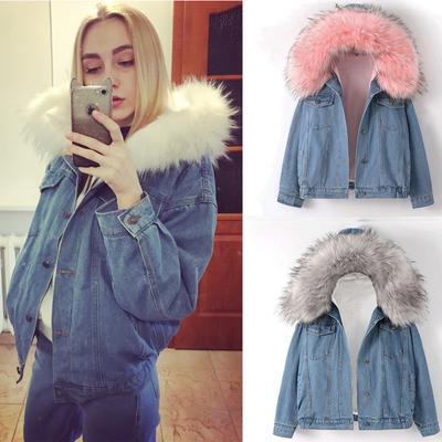 denim winter coat with fur hood