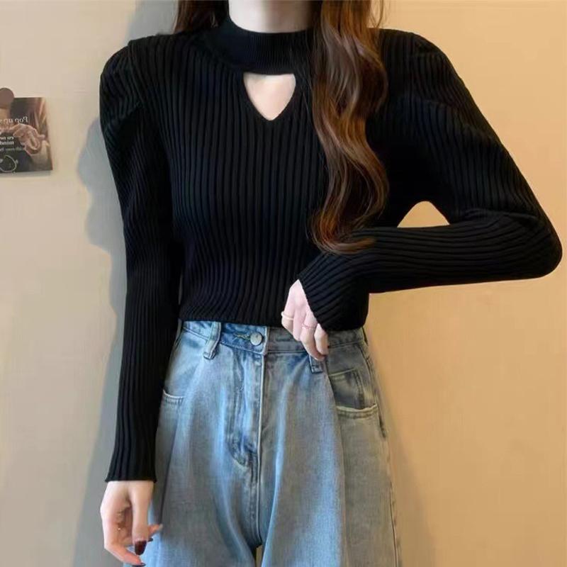 Dutý svetr s kulatým výstřihem Pletený módní přiléhavý top pro ženy