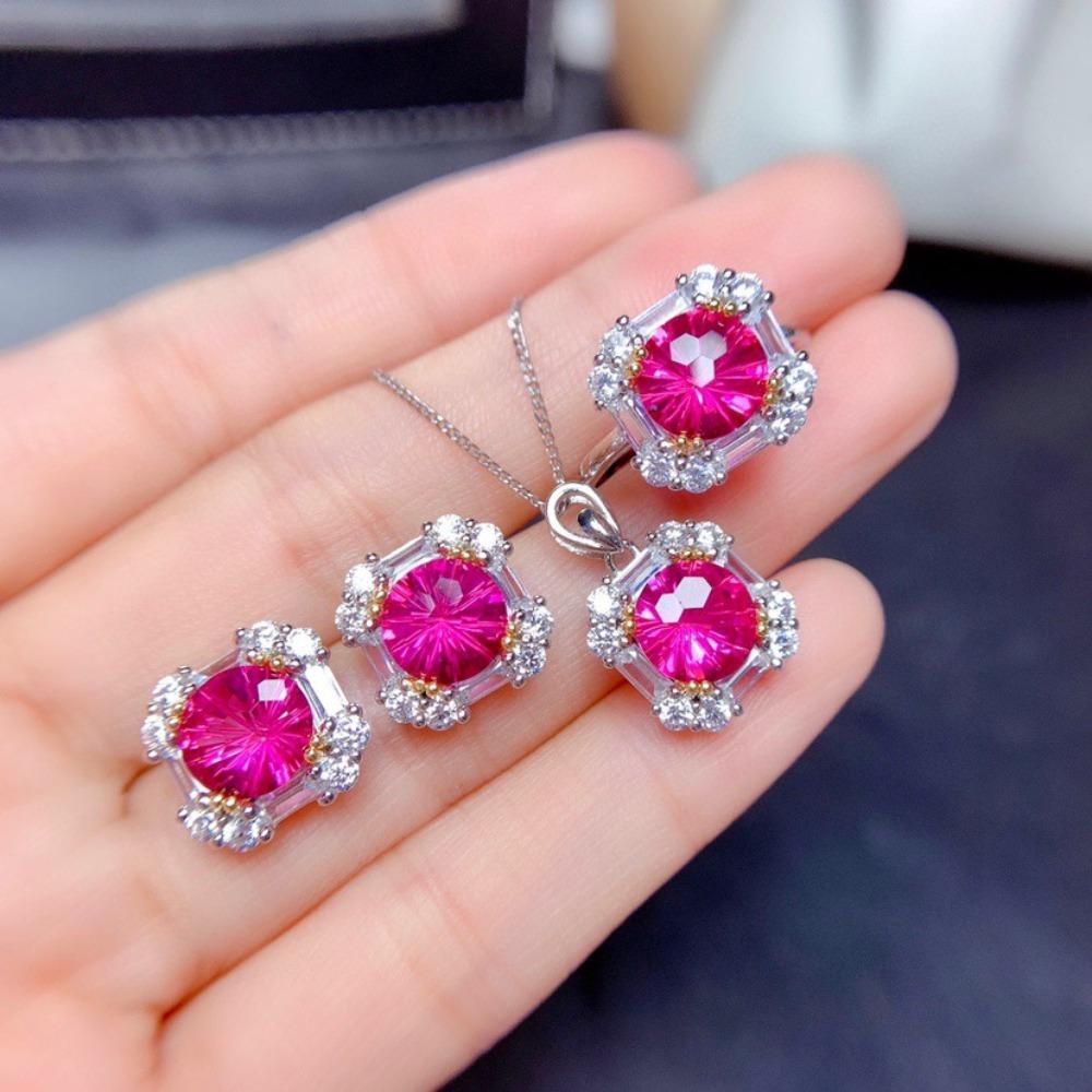 

Pink Topaz Jewelry Set for Women Ring Pendant Earrings Necklace Firework Cut High Carbon Diamond