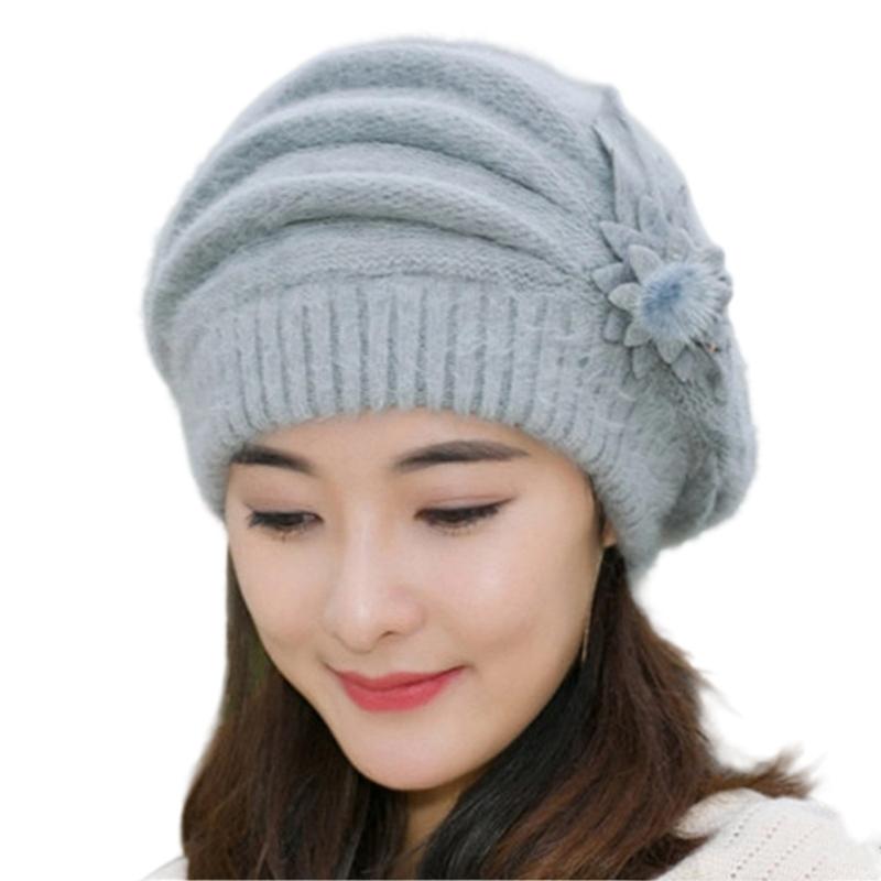 Мягкая беретка из кроличьего меха с цветочным декором, теплая вязаная шапка без полей для женщин и девушек, зимний модный аксессуар серый