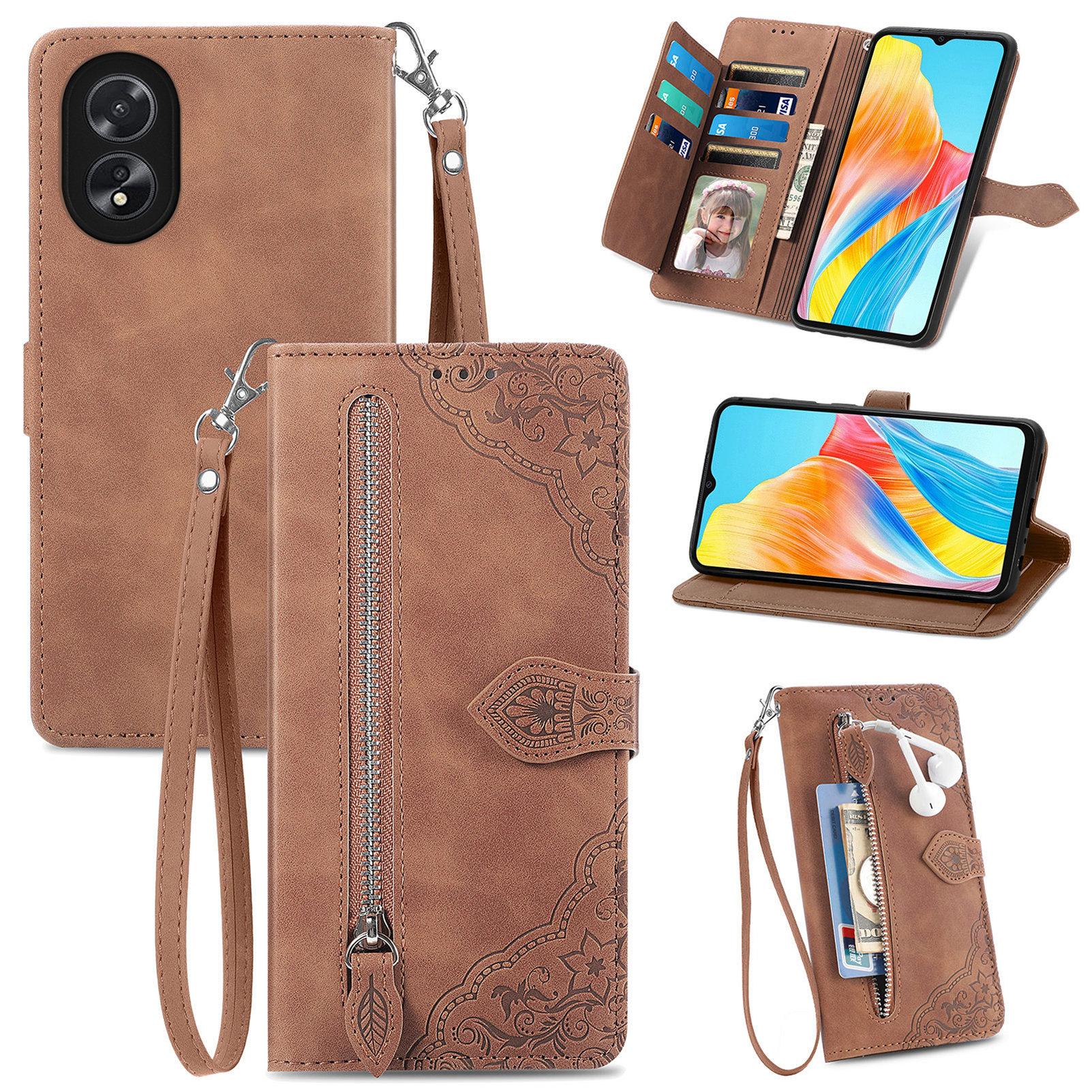 

For Oppo A38 4G/A18 4G Zipper Wallet Case with Strap Flower Imprint PU Leather Phone Cover Brown