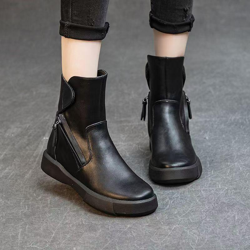 Women Real Leather Flat Sole Ankle Boots Autumn Winter New Soft Sole Non Slip Plush Keep Warm High Top Zippers Cotton Boots