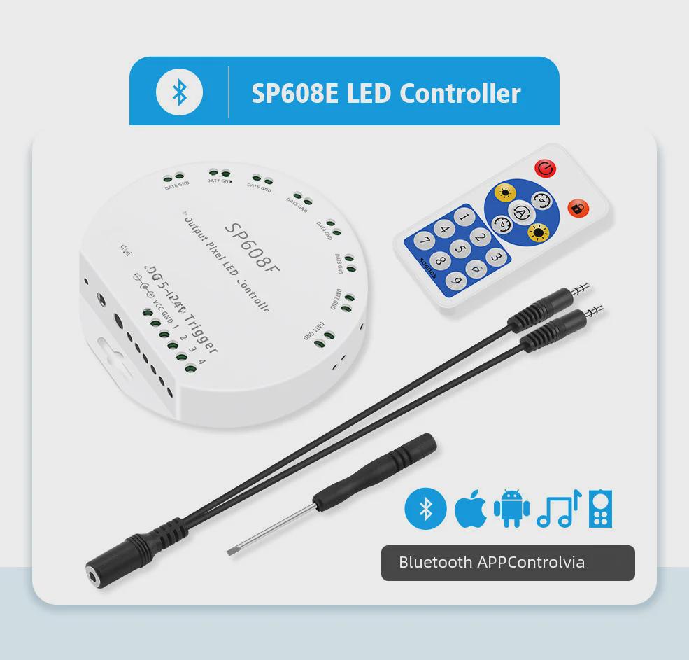 SP608E Mehrfarben-Lichtleisten-Controller: Bluetooth mit 8 unabhängigen Kanälen, kompatibel mit mobiler App, intelligente Fernbedienung.