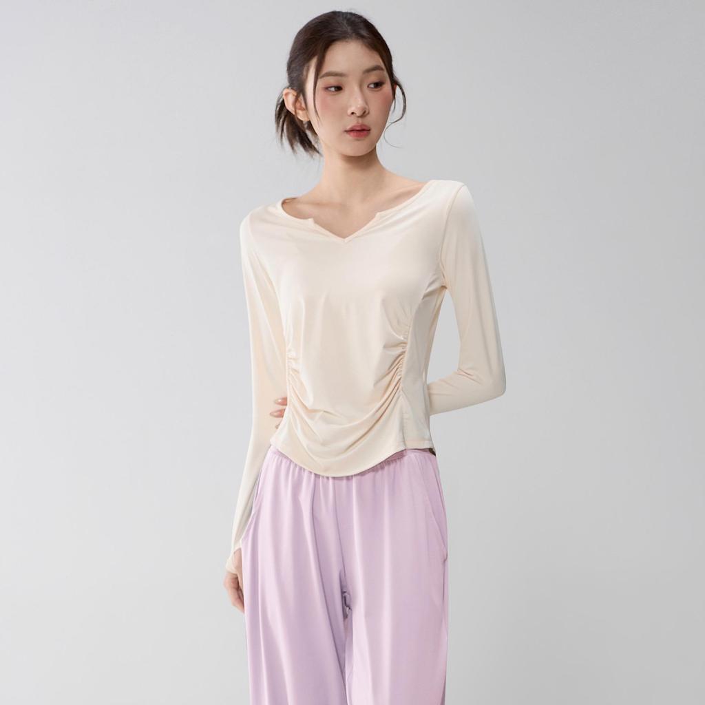 Women's V-Neck Yoga Suit: Loose, Quick-Dry, Long Sleeve for Casual Sports and Pilates Training