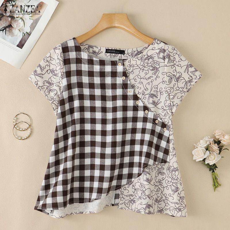 ZANZEA Women Casual Round Neck Summer Short Sleeve Print Blouse