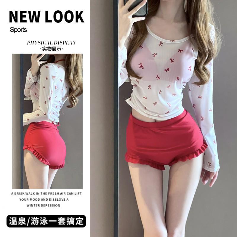 

Micro Fat Large Size Hot Girl Swimsuit Women Soak In Red Long-sleeved Blouse Sexy Slimming Gathering Vacation Bikini Wholesale, please take one size fits all 80-120